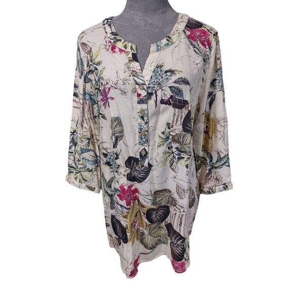 Floryday Tunic Top Floral Leaf Print Roll Tab Sleeves Split Neck Blouse XL - Picture 1 of 6